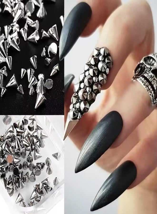 YKZFUI Punk Bullet Rivet Nail Charm 3D Alloy Flat Bottomed Pointed Cone Mixed Black Silver Nail Art Rhinestones Studs Goth Nail Art Charm Spike Nails for Women DIY Nail Decoration Accessories Crafts 6 Grids - Image 4